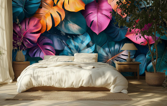 Colorful Monstera Leaf Tropical Floral Wallpaper – detail view, Golden Era Walls