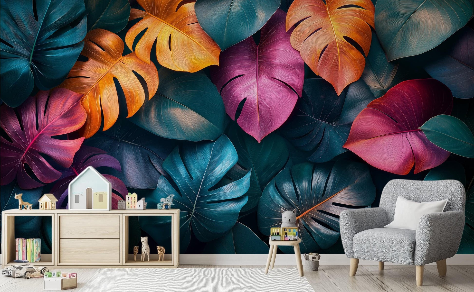 Colorful Monstera Leaf Tropical Floral Wallpaper – lifestyle view, Golden Era Walls