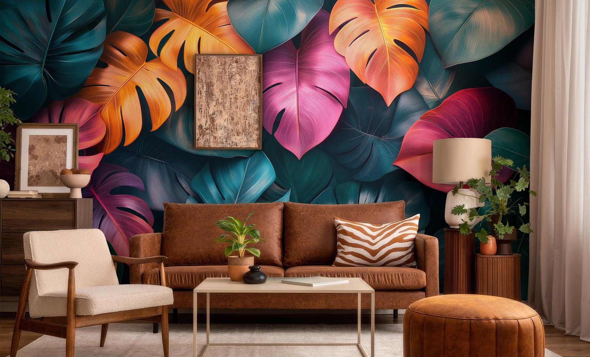 Colorful Monstera Leaf Tropical Floral Wallpaper – room setting, Golden Era Walls
