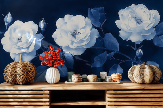Cyanotype Rose Blue White Floral Wallpaper – room setting, Golden Era Walls