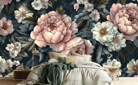 Dark Floral Peony Vintage Floral Wallpaper – room setting, Golden Era Walls