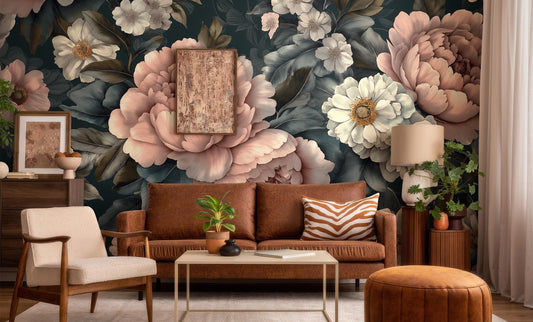 Dark Floral Peony Vintage Floral Wallpaper – detail view, Golden Era Walls