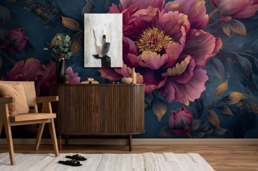 Dark Floral Peony Romantic Floral Wallpaper – detail view, Golden Era Walls
