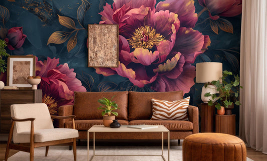 Dark Floral Peony Romantic Floral Wallpaper – lifestyle view, Golden Era Walls