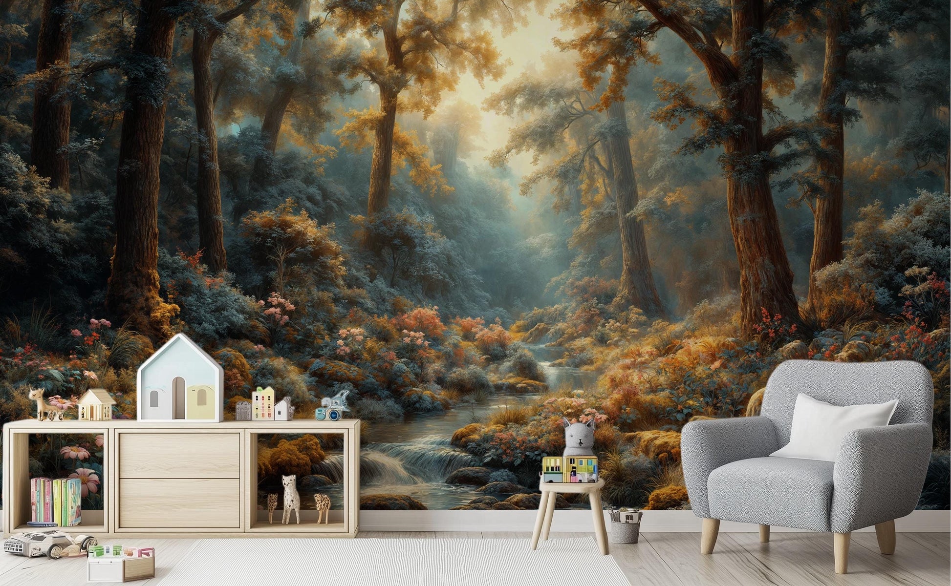 Dreamy Forest Fairytale Nature Floral Wallpaper – peel and stick wallpaper mural, Golden Era Walls