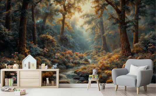 Dreamy Forest Fairytale Nature Floral Wallpaper – peel and stick wallpaper mural, Golden Era Walls