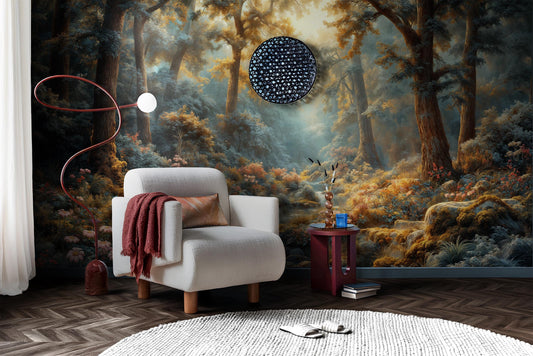 Dreamy Forest Fairytale Nature Floral Wallpaper – lifestyle view, Golden Era Walls
