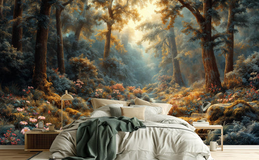 Dreamy Forest Fairytale Nature Floral Wallpaper – room setting, Golden Era Walls