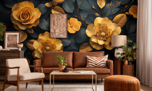 Elegant Gold Floral Dark Floral Wallpaper – room setting, Golden Era Walls