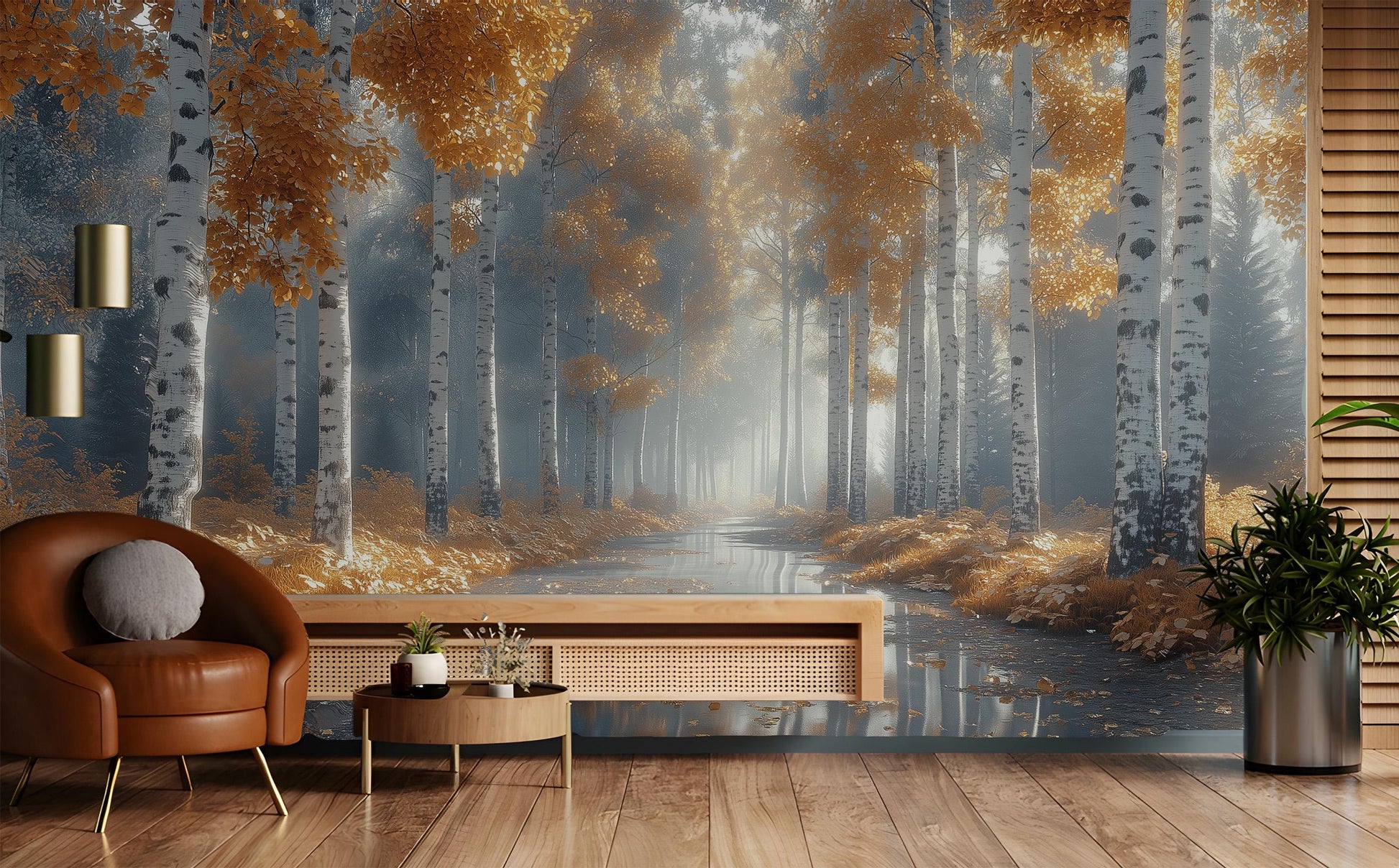 Golden Birch Forest Autumn Coastal Wallpaper – scale reference, Golden Era Walls