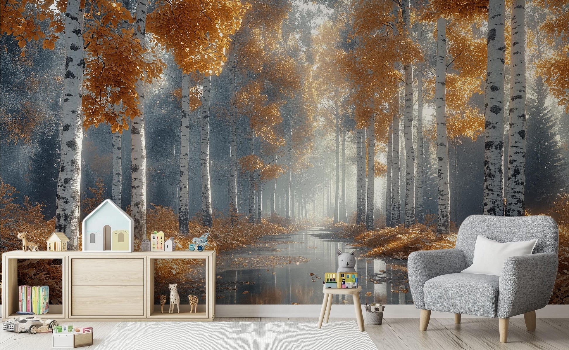 Golden Birch Forest Autumn Coastal Wallpaper – lifestyle view, Golden Era Walls