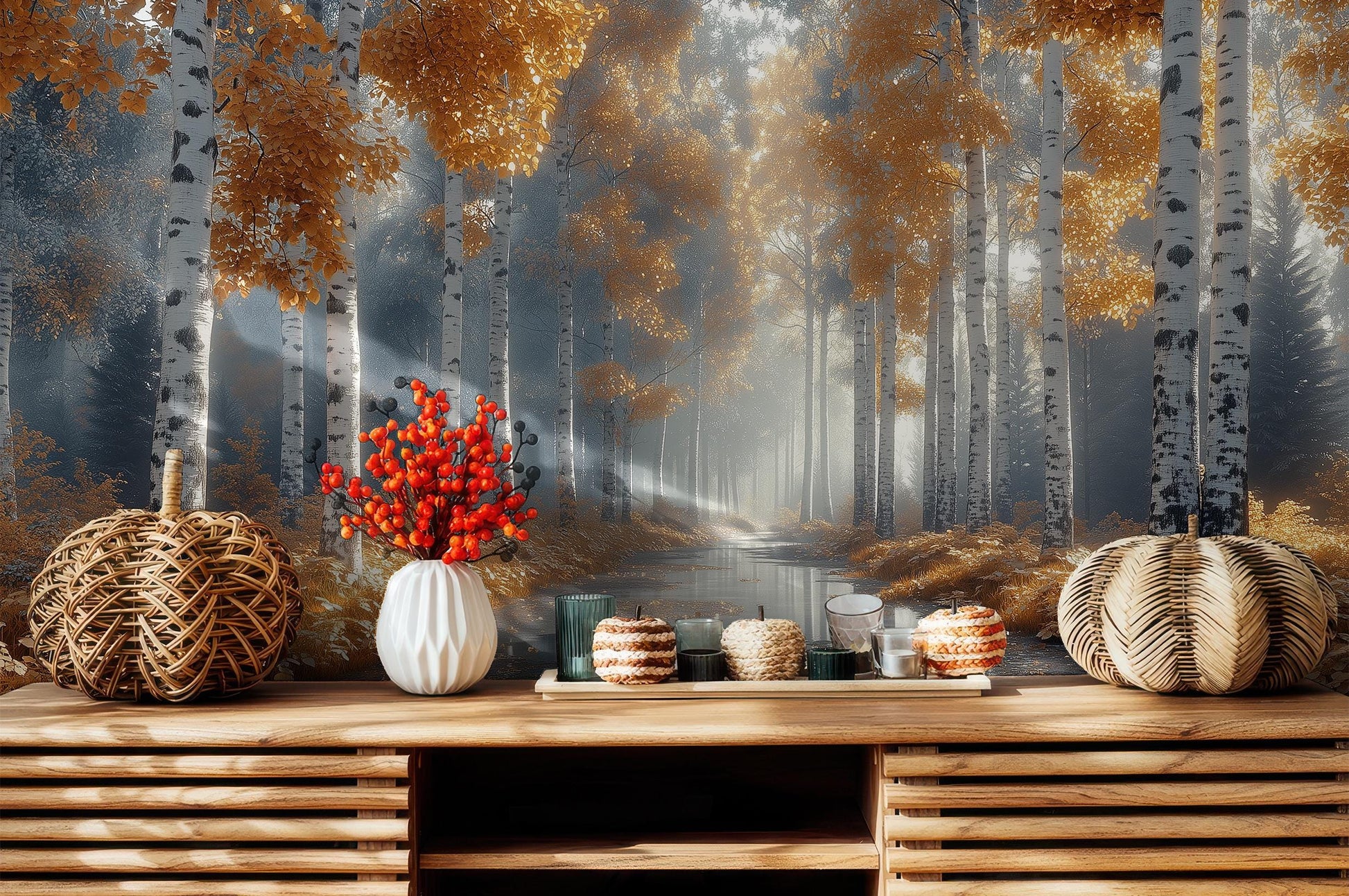 Golden Birch Forest Autumn Coastal Wallpaper – room setting, Golden Era Walls