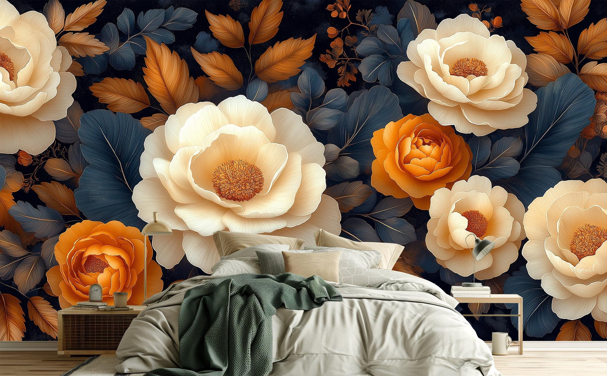 Ivory Amber Peony Vintage Floral Wallpaper Pattern – scale reference, Golden Era Walls
