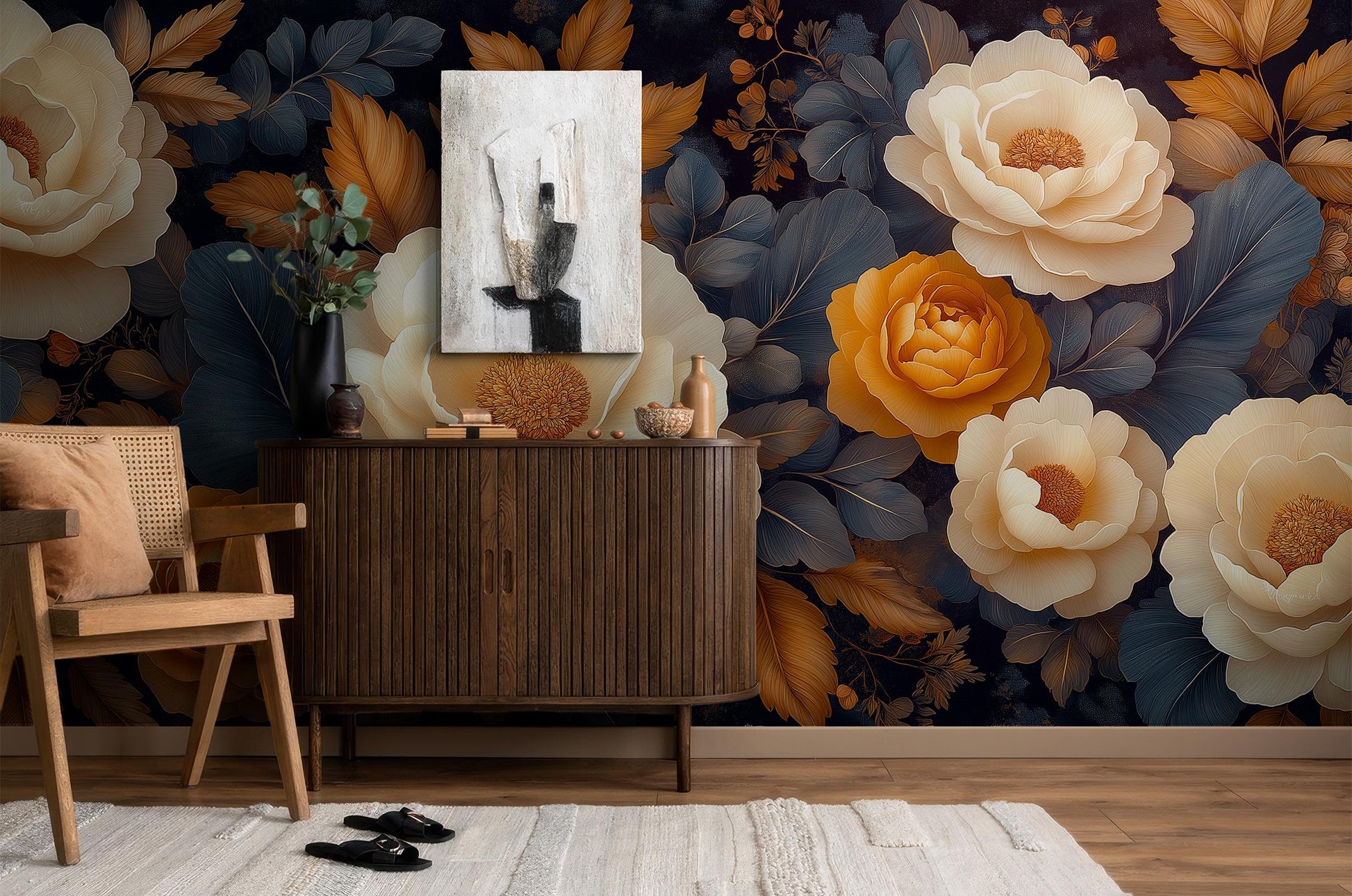 Ivory Amber Peony Vintage Floral Wallpaper Pattern – detail view, Golden Era Walls