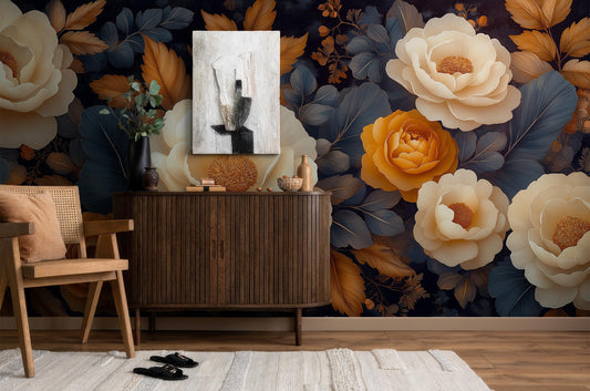 Ivory Amber Peony Vintage Floral Wallpaper Pattern – detail view, Golden Era Walls