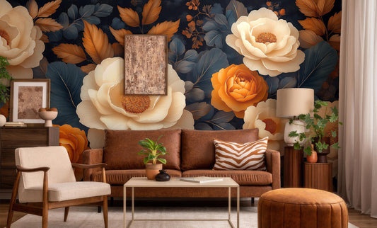 Ivory Amber Peony Vintage Floral Wallpaper Pattern – lifestyle view, Golden Era Walls
