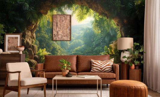 Jungle Decor Exotic Greenery Floral Wallpaper – room setting, Golden Era Walls