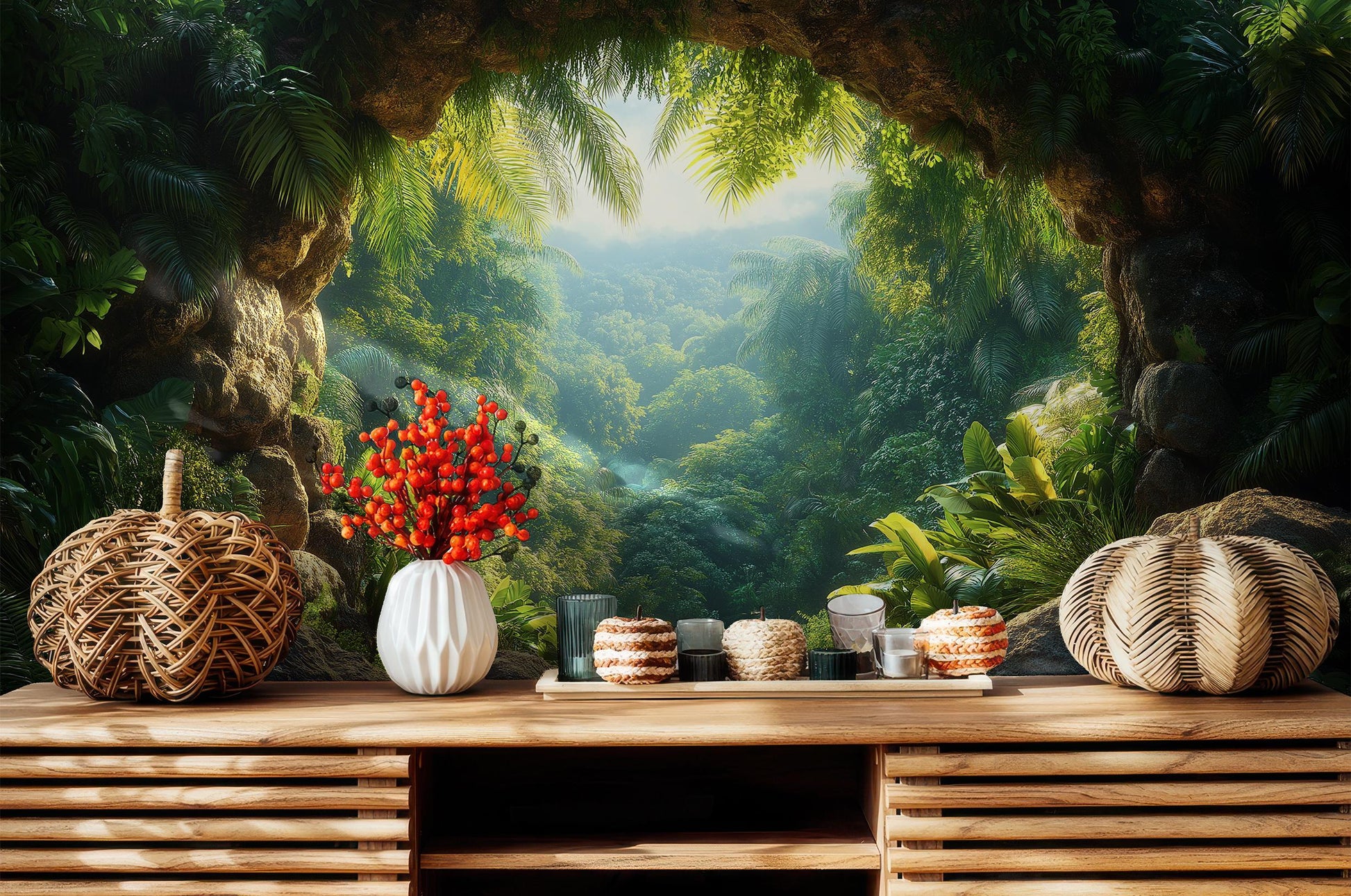 Jungle Decor Exotic Greenery Floral Wallpaper – lifestyle view, Golden Era Walls