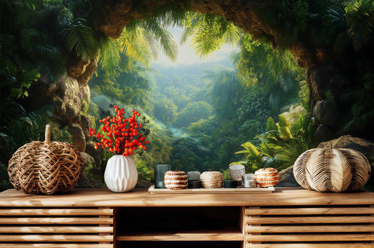 Jungle Decor Exotic Greenery Floral Wallpaper – lifestyle view, Golden Era Walls