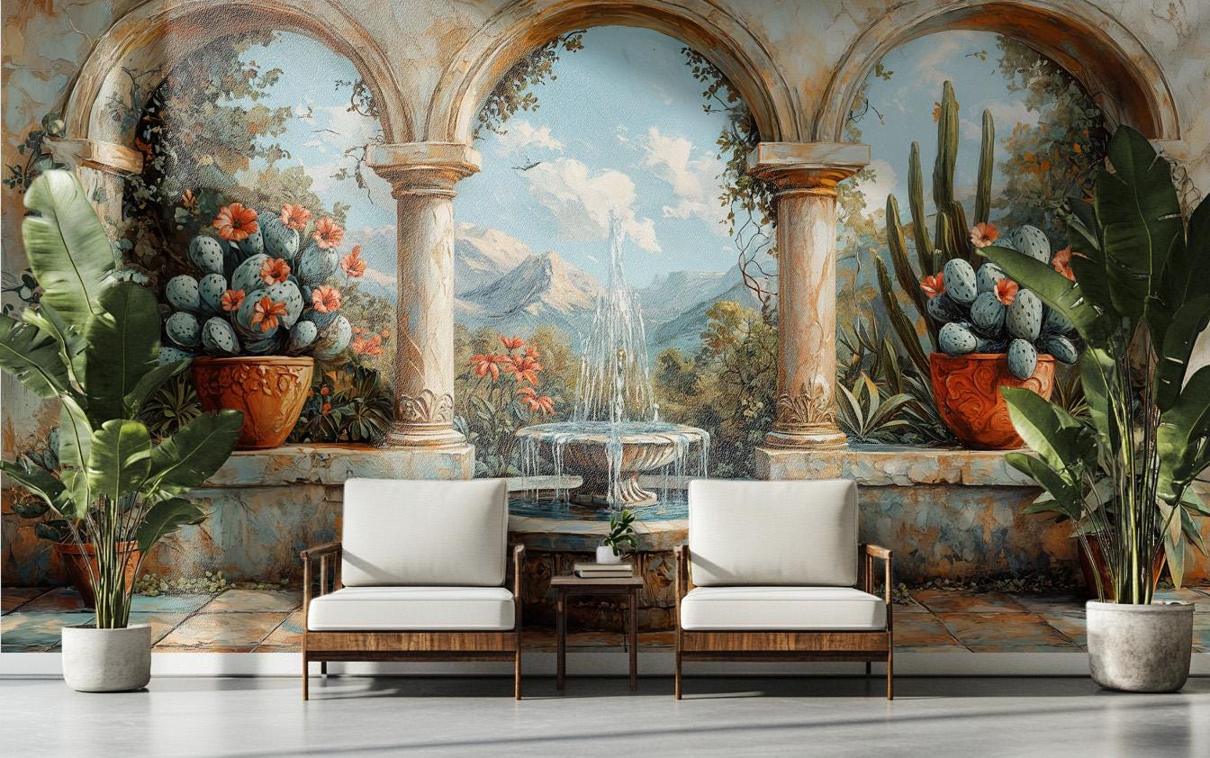 Mediterranean Landscape Rustic Villa Wallpaper – room setting, Golden Era Walls