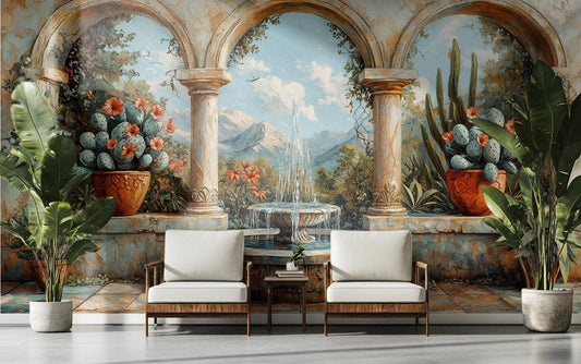 Mediterranean Landscape Rustic Villa Wallpaper – room setting, Golden Era Walls