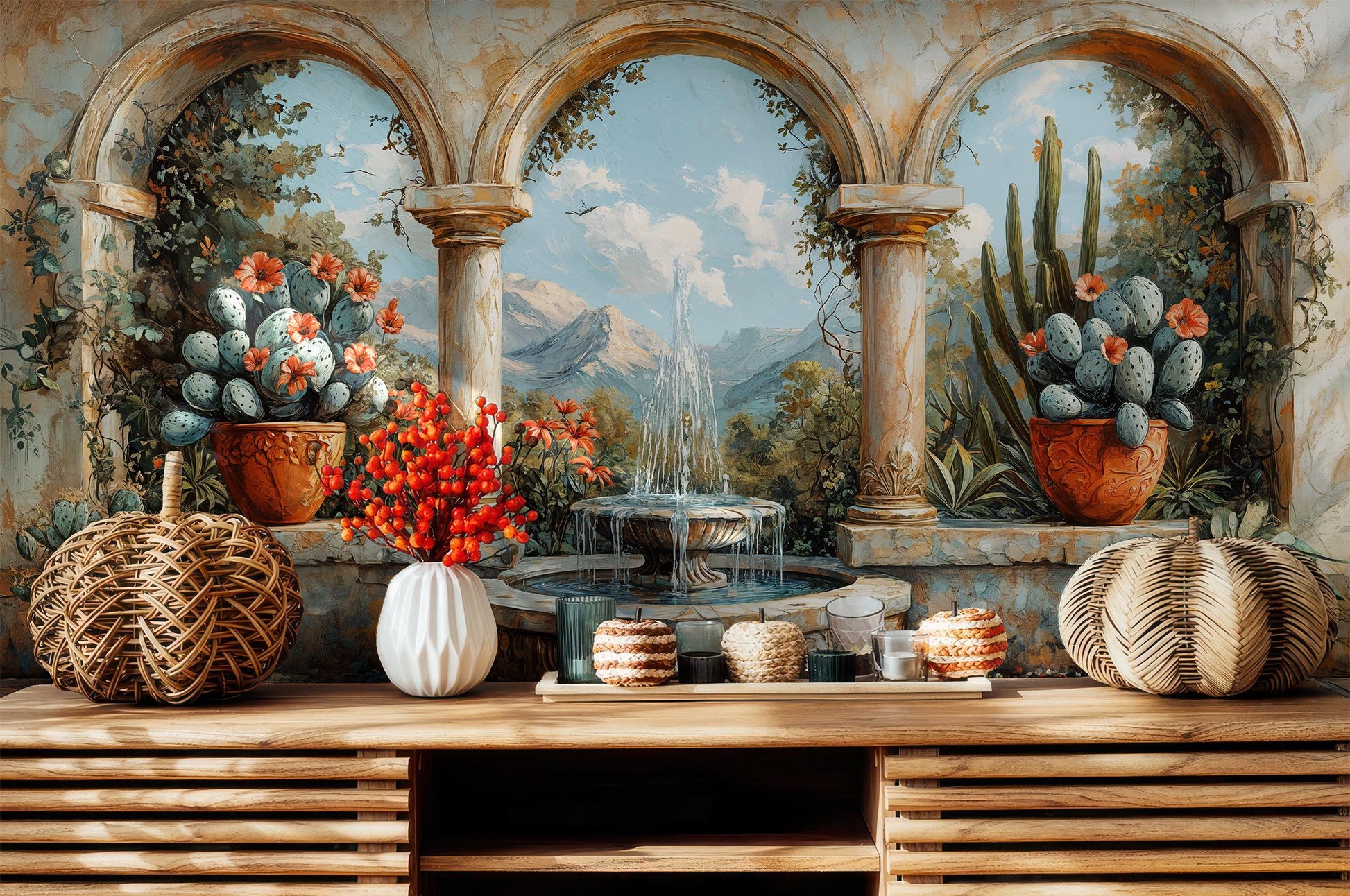 Mediterranean Landscape Rustic Villa Wallpaper – scale reference, Golden Era Walls