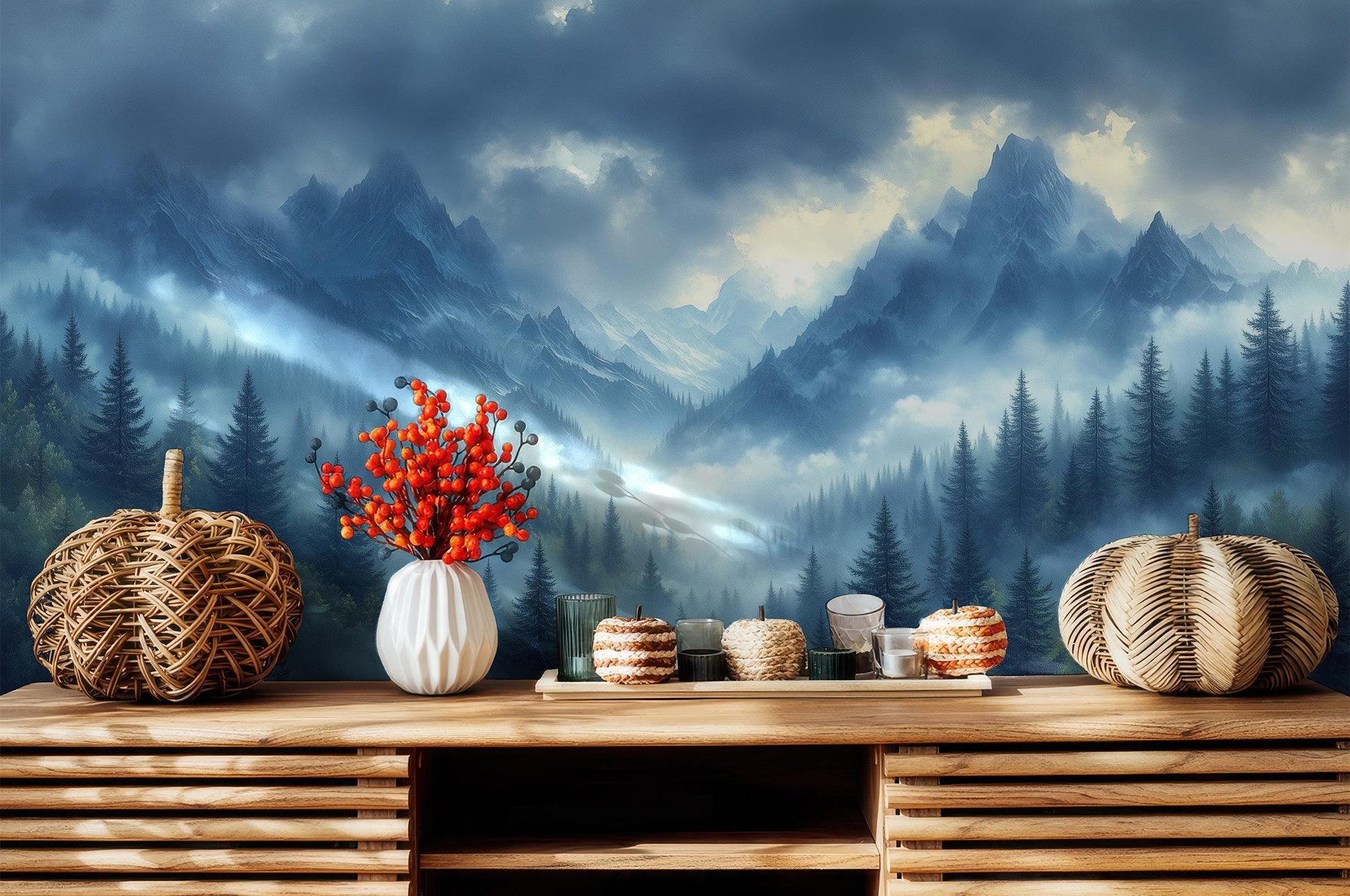 Misty Mountain Forest Renter Wallpaper – lifestyle view, Golden Era Walls