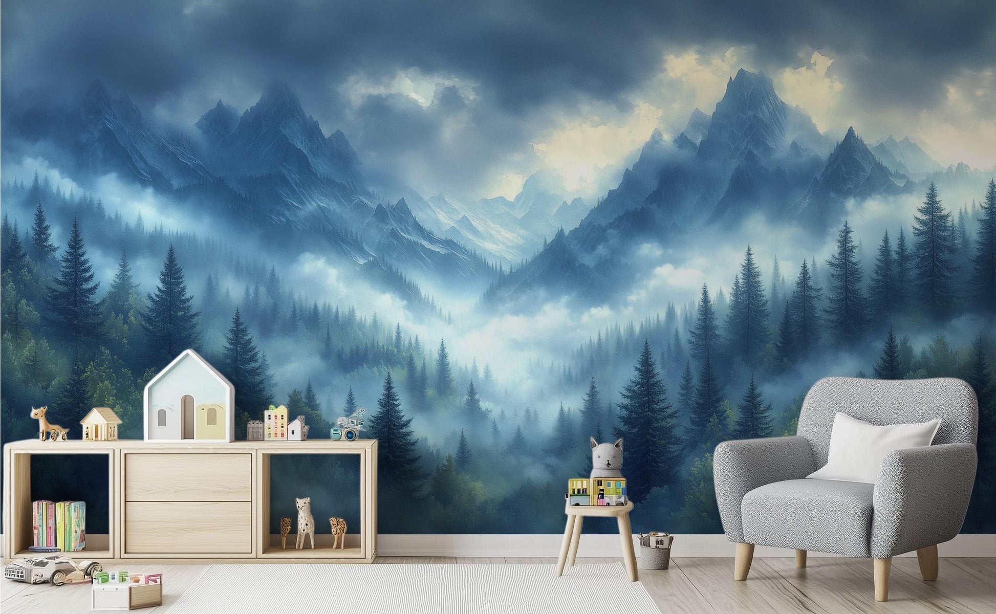 Misty Mountain Forest Renter Wallpaper – peel and stick wallpaper mural, Golden Era Walls