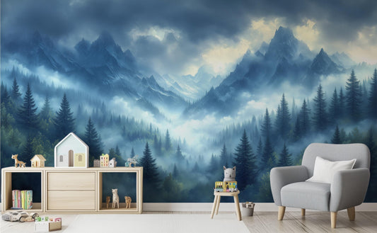 Misty Mountain Forest Renter Wallpaper – peel and stick wallpaper mural, Golden Era Walls