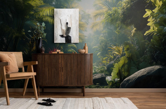 Nature Landscape Tropical Rainforest Floral Wallpaper – lifestyle view, Golden Era Walls