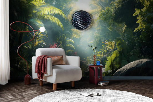 Nature Landscape Tropical Rainforest Floral Wallpaper – room setting, Golden Era Walls