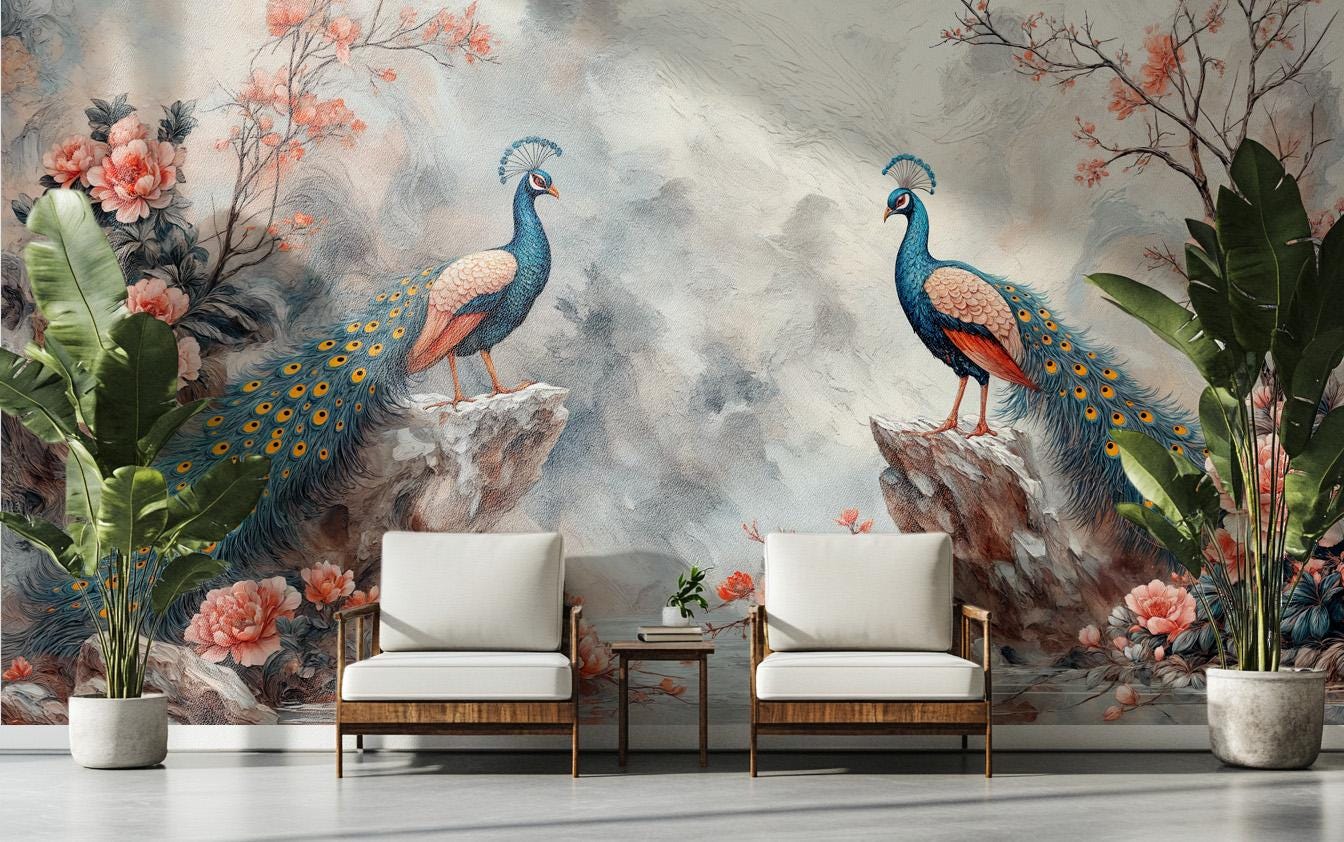 Oriental Peacock Elegant Birds Floral Wallpaper – detail view, Golden Era Walls
