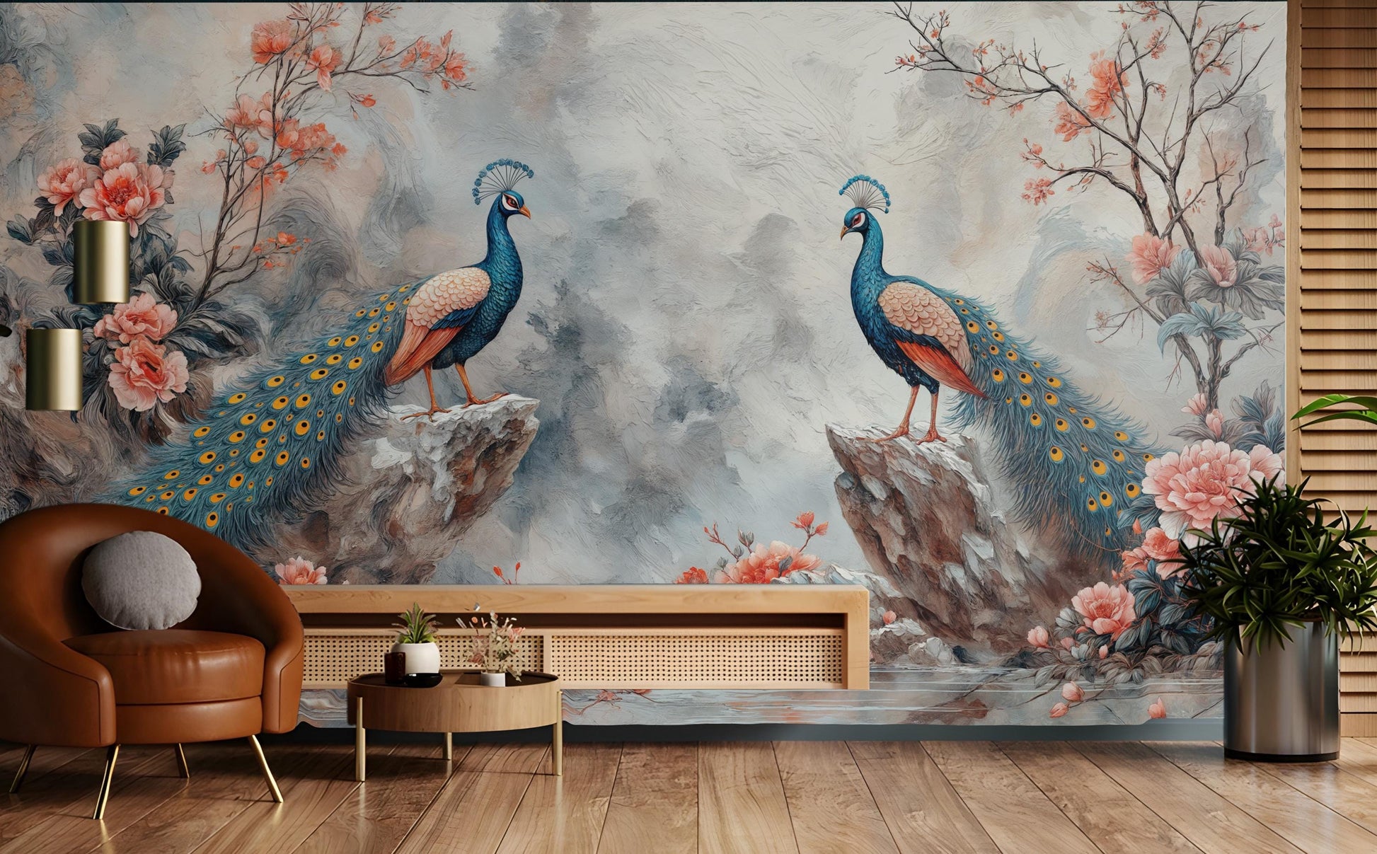 Oriental Peacock Elegant Birds Floral Wallpaper – scale reference, Golden Era Walls