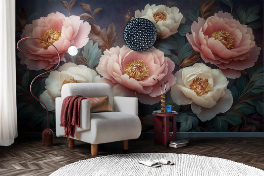 Blush Peony Floral Romantic Floral Wallpaper – lifestyle view, Golden Era Walls