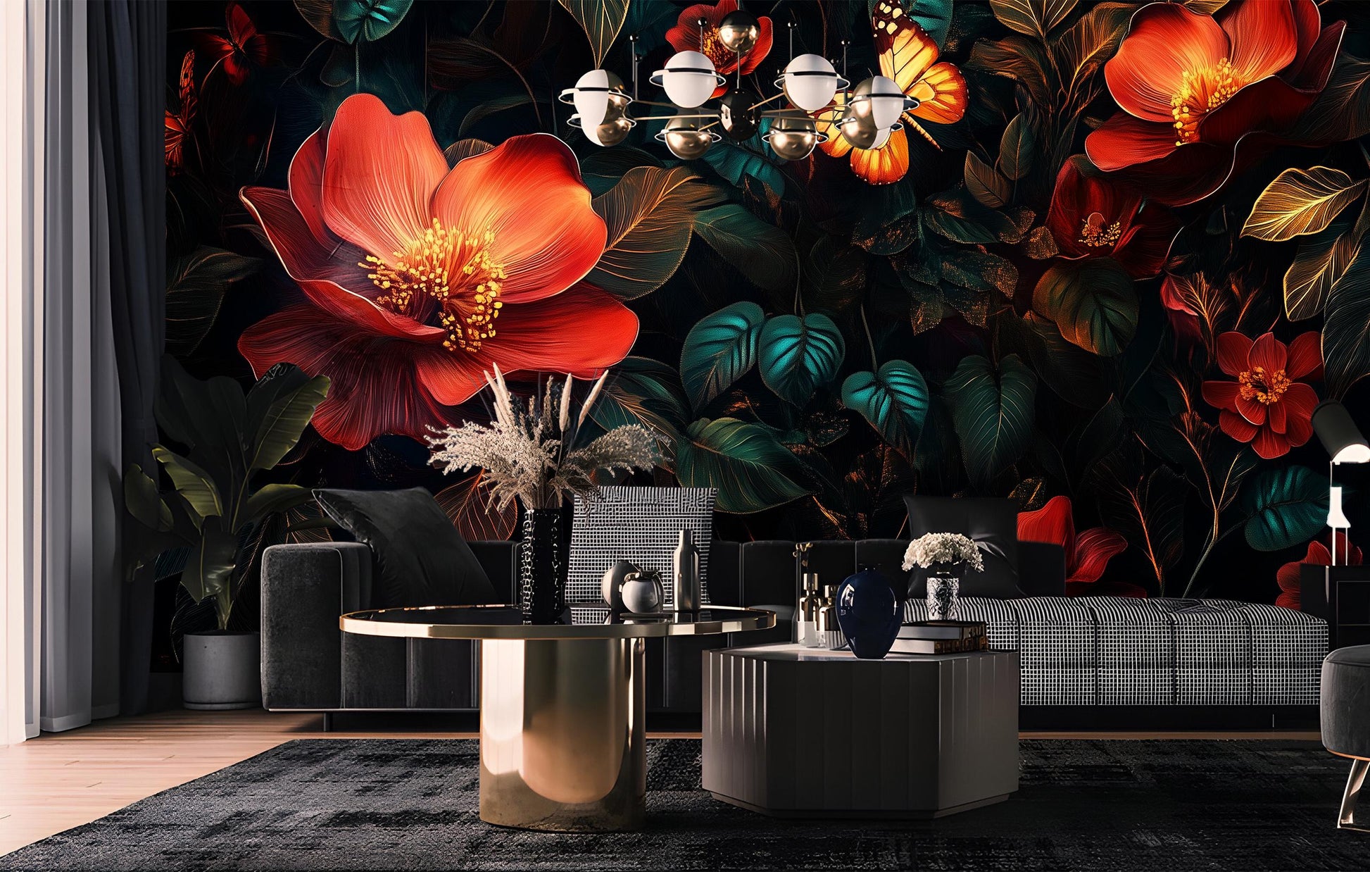 Dark Floral Moody Botanical Floral Wallpaper – room setting, Golden Era Walls