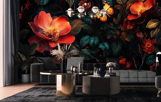 Dark Floral Moody Botanical Floral Wallpaper – room setting, Golden Era Walls