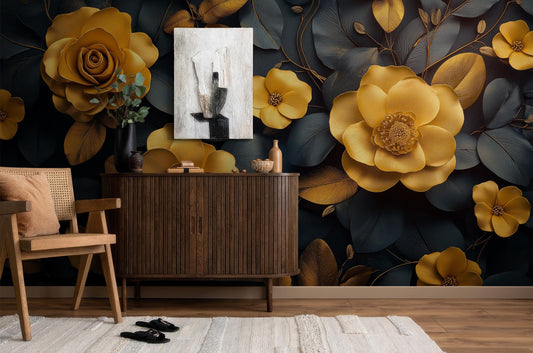 Gold Floral Navy Botanical Floral Wallpaper – detail view, Golden Era Walls