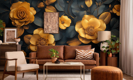 Gold Floral Navy Botanical Floral Wallpaper – peel and stick wallpaper mural, Golden Era Walls