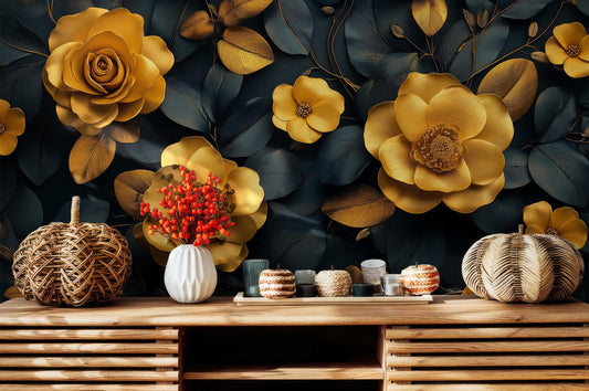 Gold Floral Navy Botanical Floral Wallpaper – room setting, Golden Era Walls
