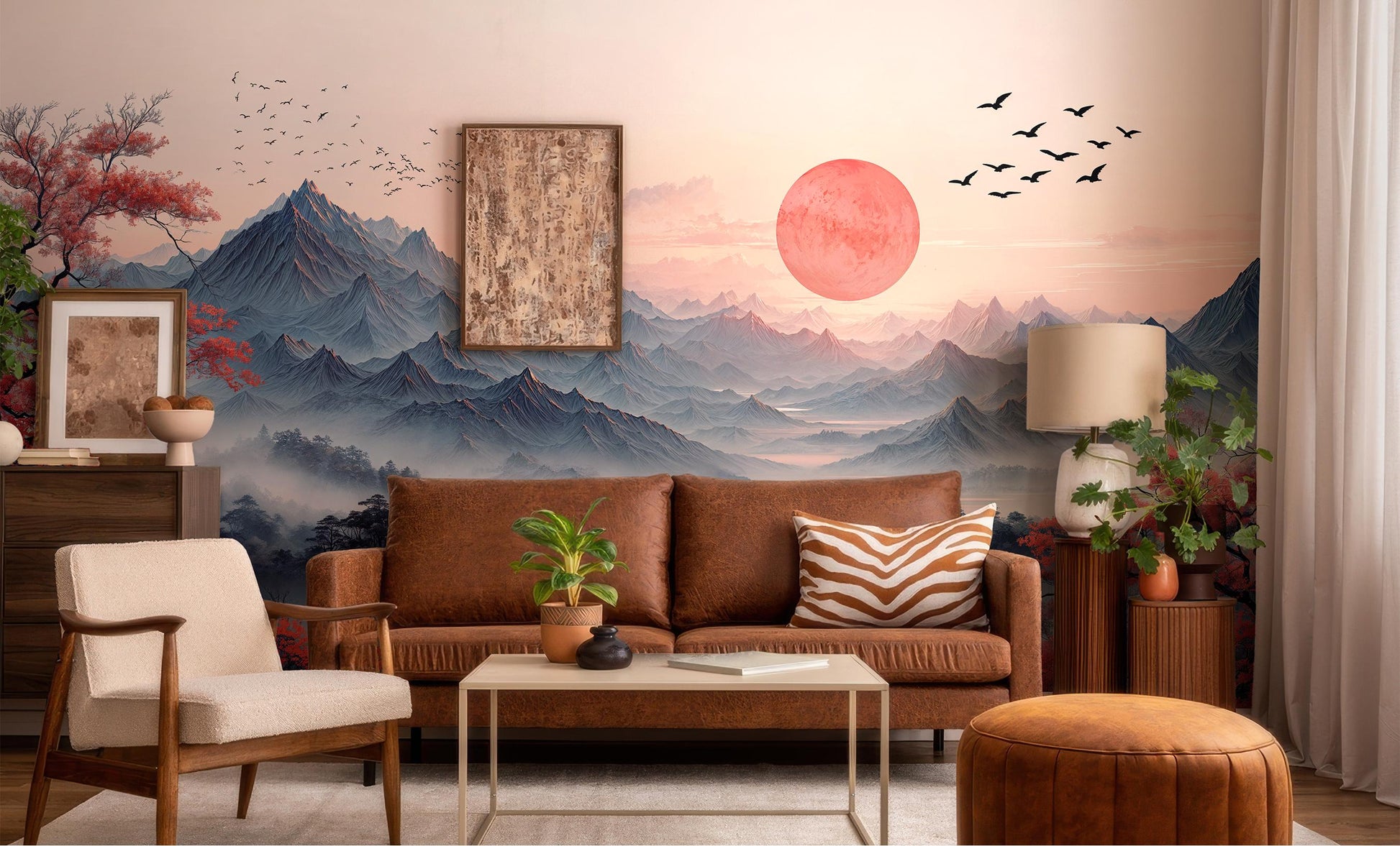 Japanese Landscape Misty Mountains Wallpaper – lifestyle view, Golden Era Walls