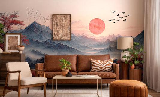 Japanese Landscape Misty Mountains Wallpaper – lifestyle view, Golden Era Walls