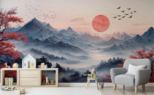 Japanese Landscape Misty Mountains Wallpaper – peel and stick wallpaper mural, Golden Era Walls