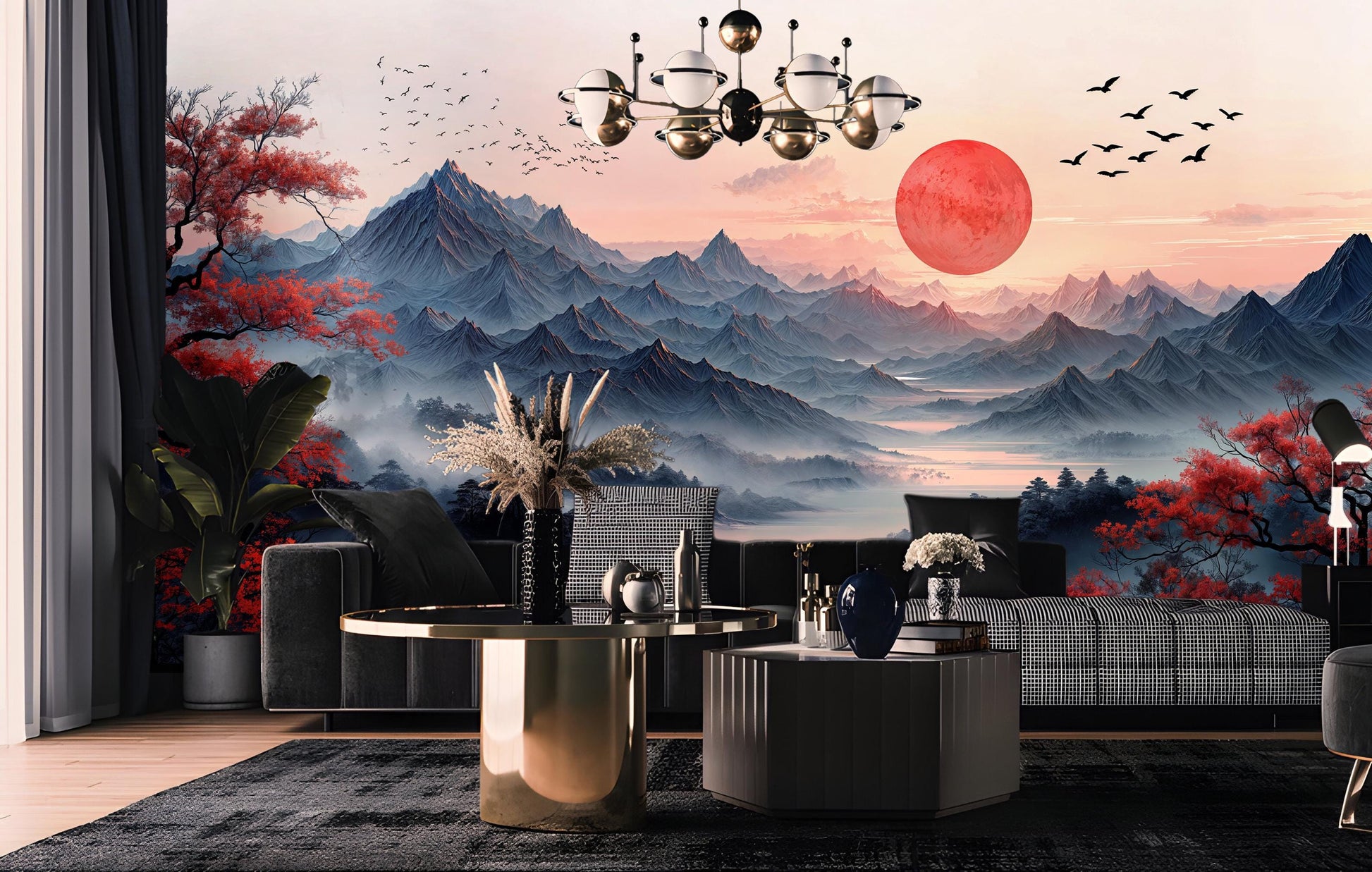 Japanese Landscape Misty Mountains Wallpaper – scale reference, Golden Era Walls