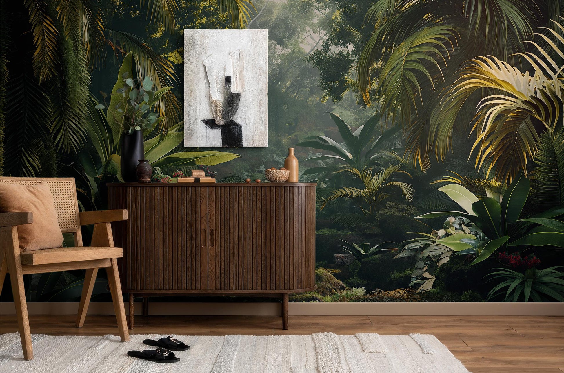 Jungle Decor Exotic Greenery Floral Wallpaper – scale reference, Golden Era Walls