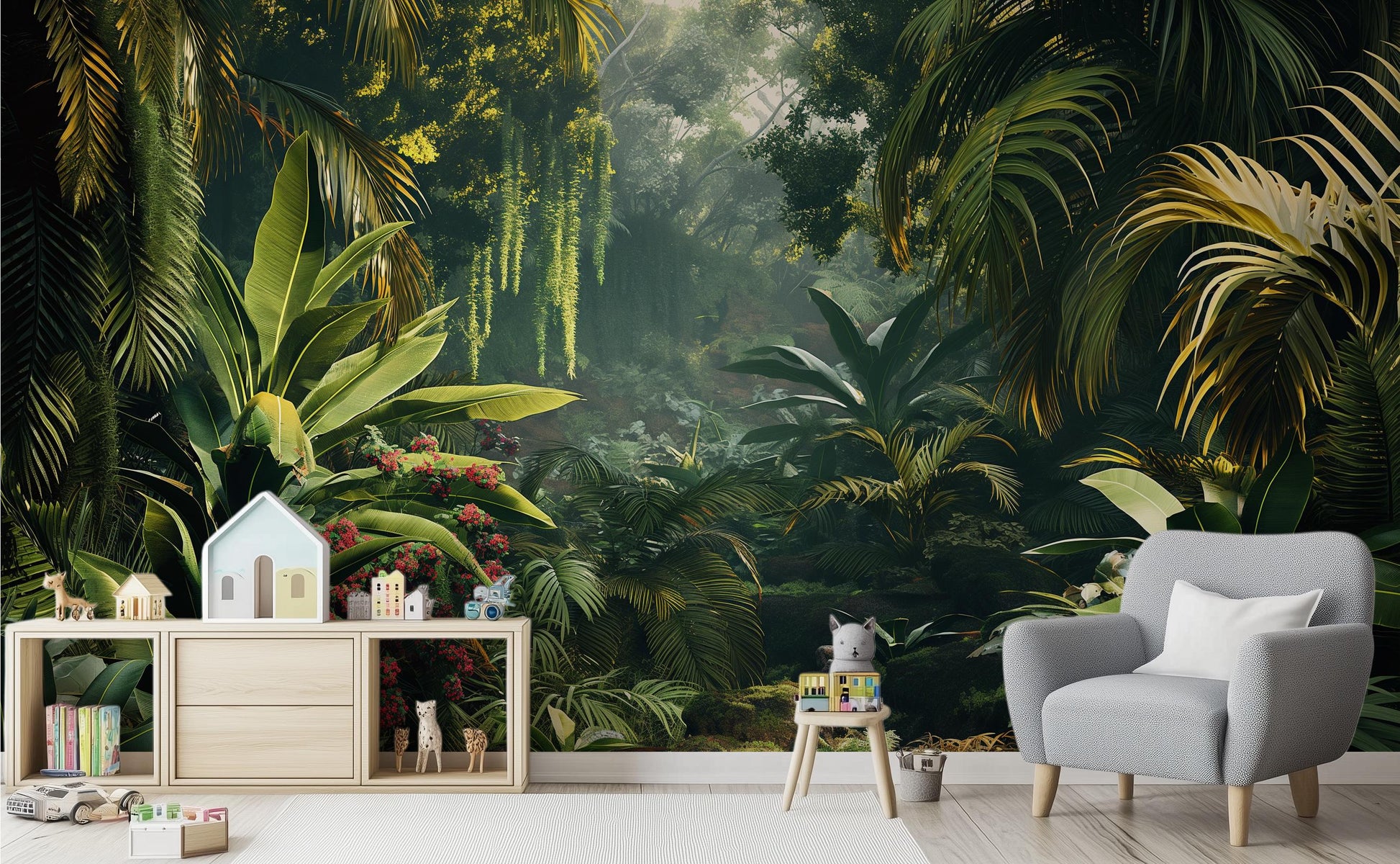 Jungle Decor Exotic Greenery Floral Wallpaper – room setting, Golden Era Walls