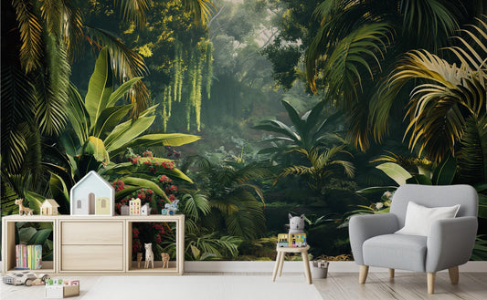 Jungle Decor Exotic Greenery Floral Wallpaper – room setting, Golden Era Walls