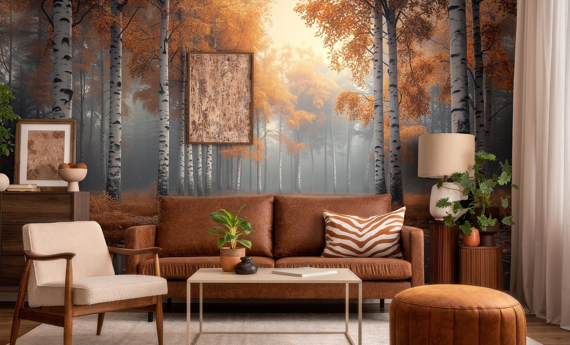 Misty Autumn Birch Forest Coastal Wallpaper – peel and stick wallpaper mural, Golden Era Walls