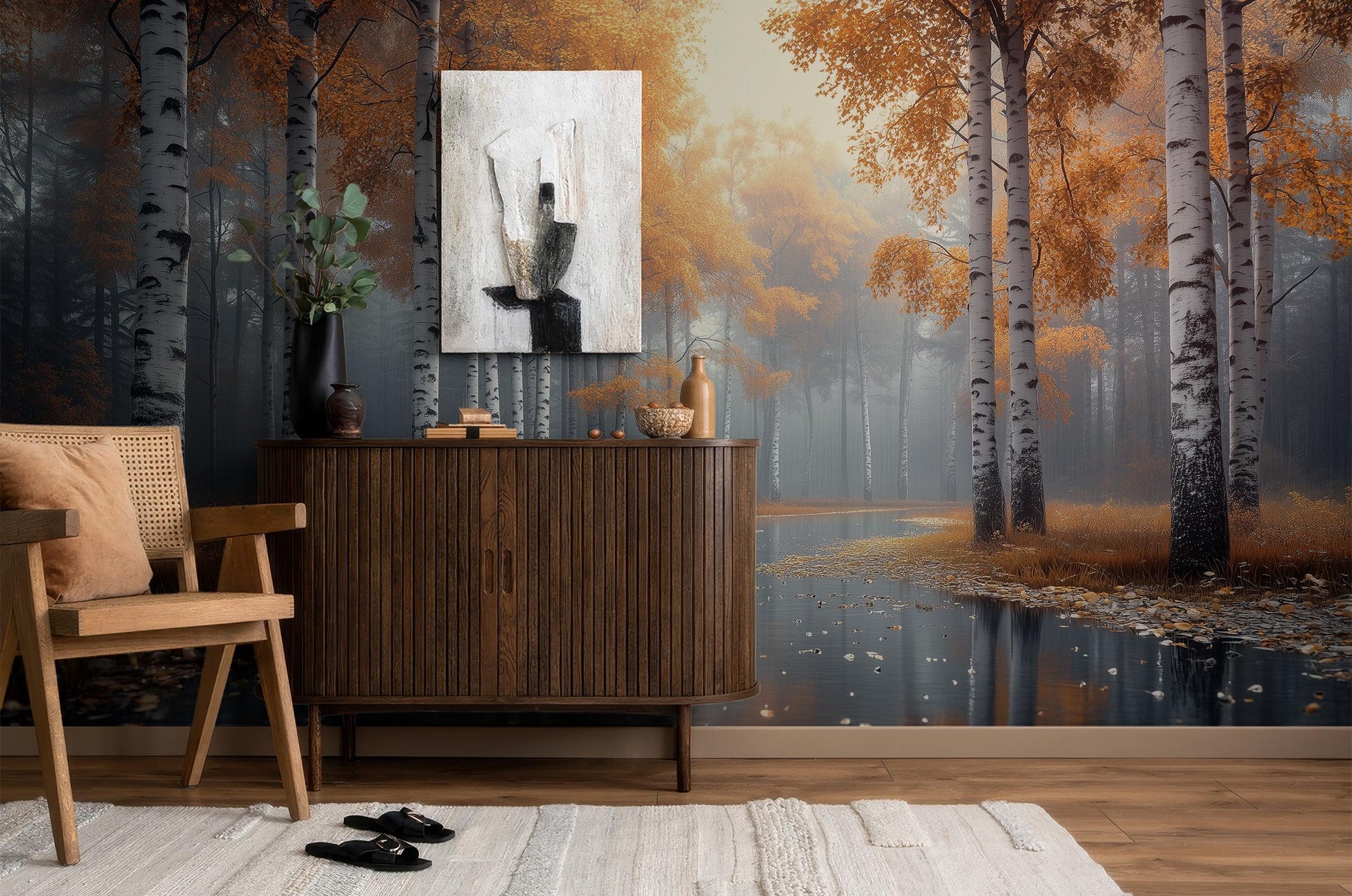 Misty Autumn Birch Forest Coastal Wallpaper – scale reference, Golden Era Walls