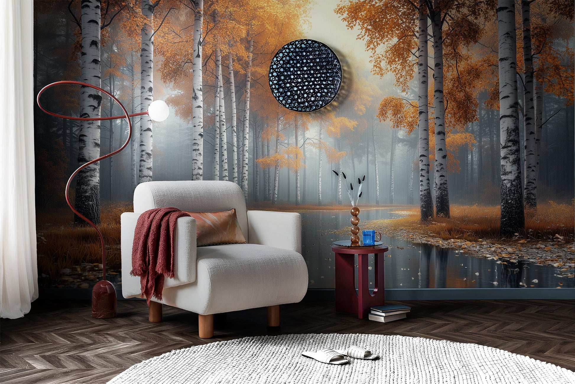 Misty Autumn Birch Forest Coastal Wallpaper – detail view, Golden Era Walls