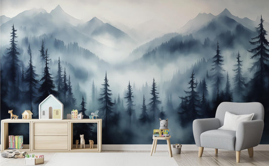 Misty Forest Woodland Fog Wallpaper – peel and stick wallpaper mural, Golden Era Walls